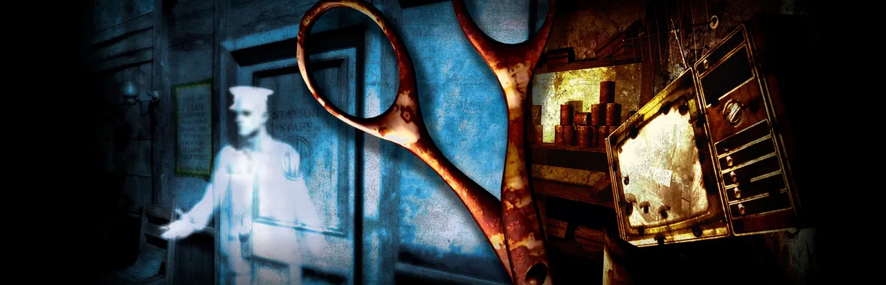 Dark Fall: Lost Souls key art: the pale ghost of a man in a porter's uniform holds out a hand beside a pair of rusted, bloodied scissors and an old television