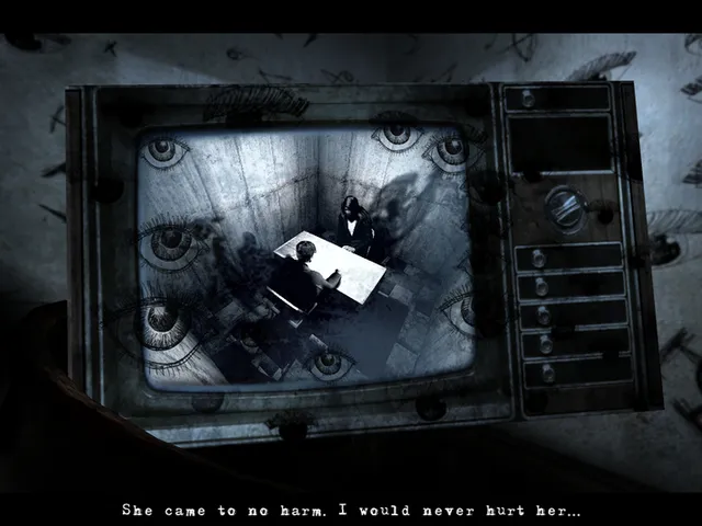 Dark Fall: Lost Souls screenshot: an old television shows a man at a table ringed by staring eyes, with the subtitle She came to no harm