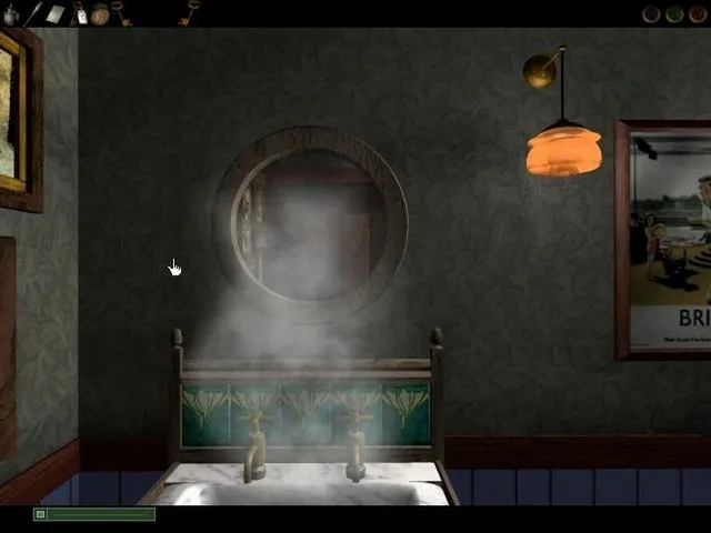 Dark Fall: The Journal screenshot: mist rising from a washbasin below a round mirror in a hotel washroom with a railway poster