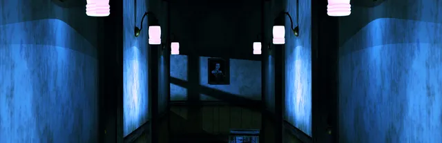 Dark Fall: The Journal art: a dim blue hotel corridor lit by pink glass wall lamps, with a portrait of a woman at the far end