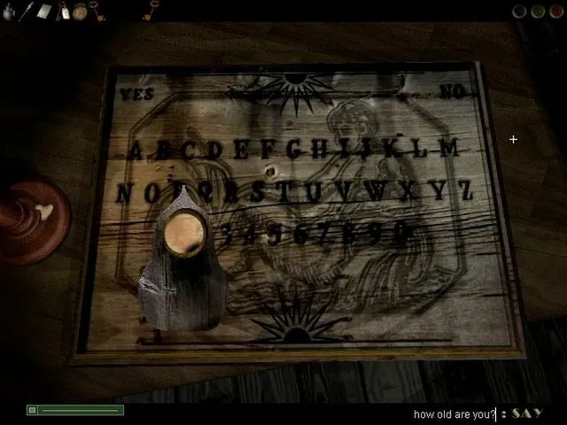 Dark Fall: The Journal screenshot: a planchette on an old wooden Ouija board as the player types 'how old are you?'