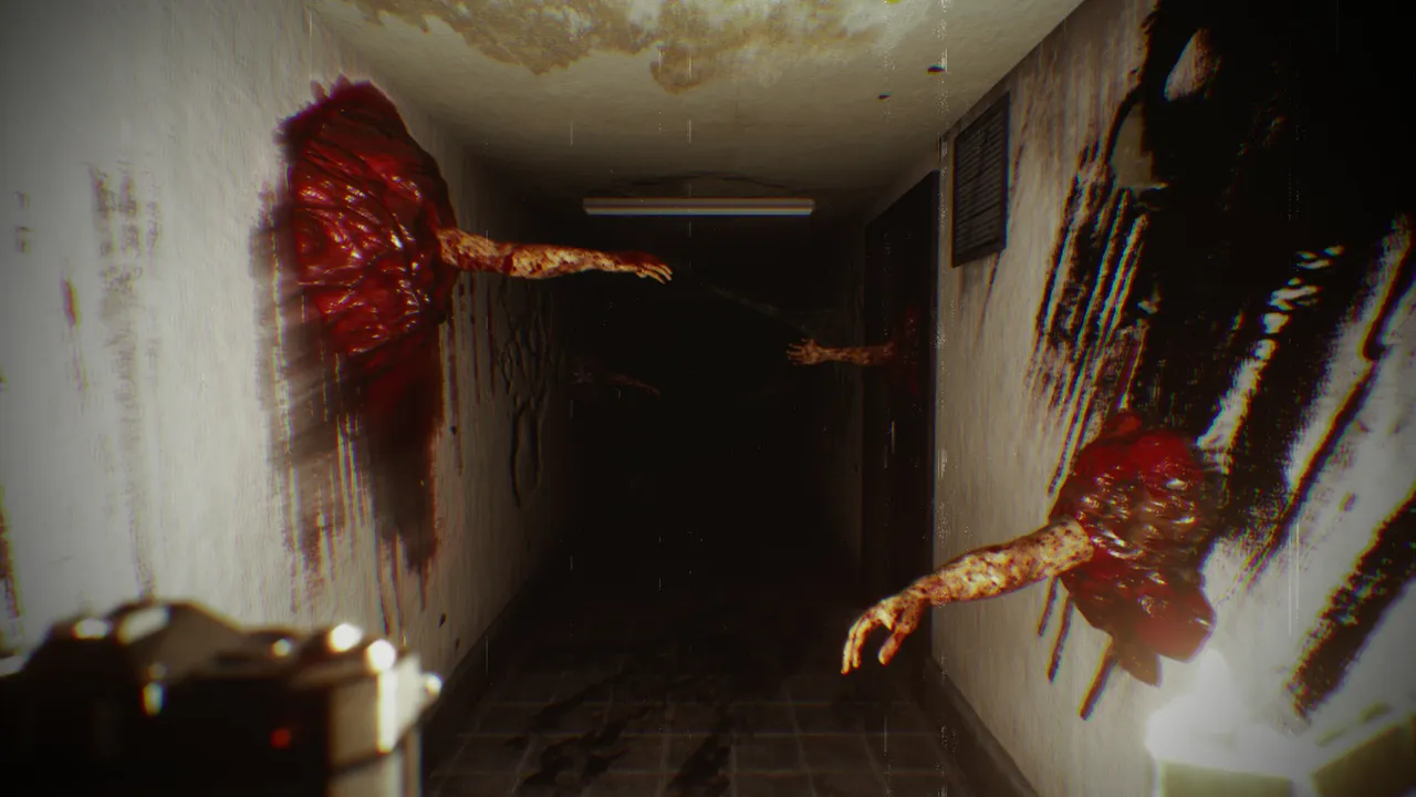 Dark Fracture: Prologue: bloody growths with human arms reach out of the walls of a dim corridor, seen in first person