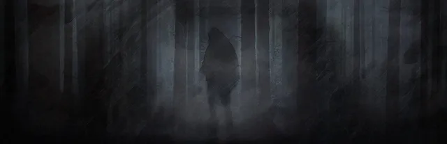 Dark Fracture art: a hooded figure stands in a misty dark forest