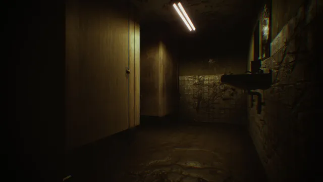 A grimy washroom with toilet stalls, a sink and a cracked mirror under a flickering tube light