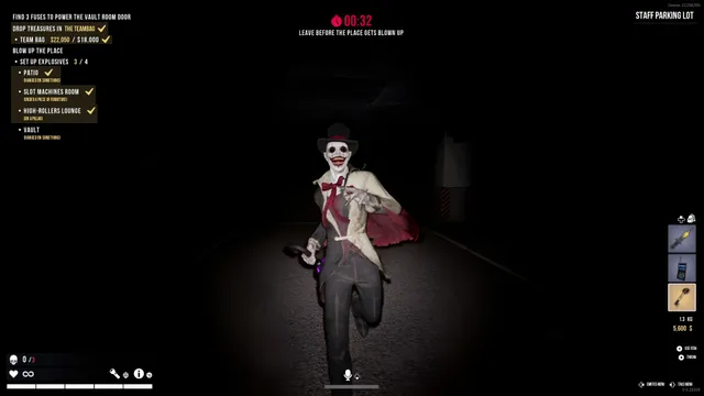 A grinning clown-faced monster in a top hat and red cape runs at the player down a dark corridor during a countdown