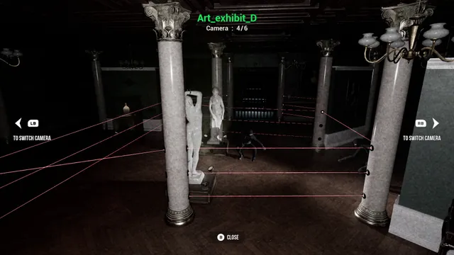 A security camera view of a dark museum hall with statues crossed by red laser beams