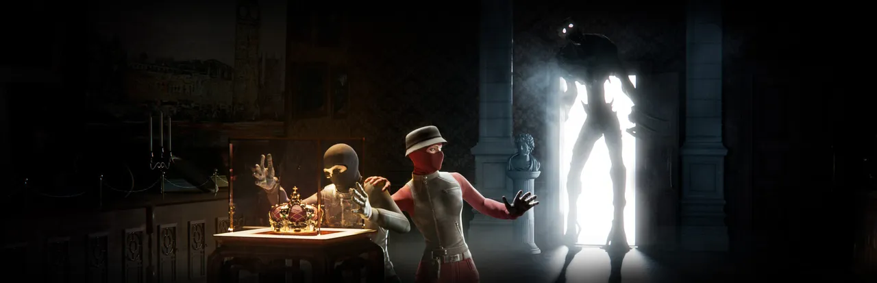 Dark Hours key art: two masked robbers beside a royal crown freeze as a tall dark figure appears in a bright doorway