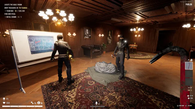 Masked robbers in a wood-panelled parlour with a whiteboard of the building plan and a loot bag on the rug