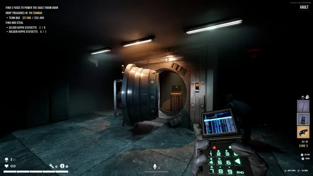 A robber holds a hacking device in front of an opened round vault door