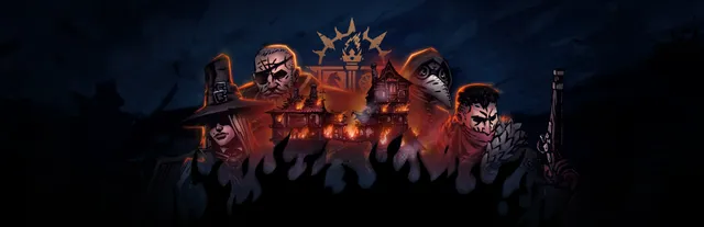 Darkest Dungeon II key art: four heroes, including a plague doctor and a one-eyed warrior, stand behind a burning town under a flame emblem