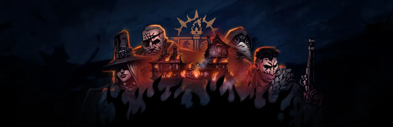 Darkest Dungeon II key art: four heroes, including a plague doctor and a one-eyed warrior, stand behind a burning town under a flame emblem