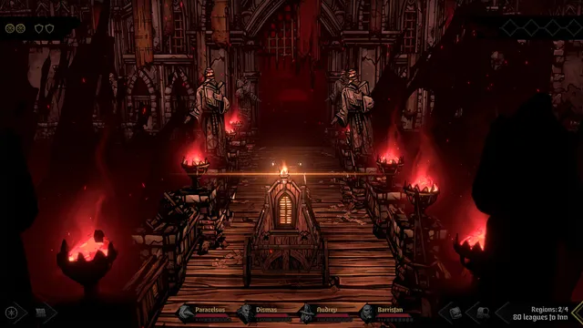 Darkest Dungeon II screenshot: the stagecoach waits on a wooden road before a red-lit gothic gate flanked by burning braziers