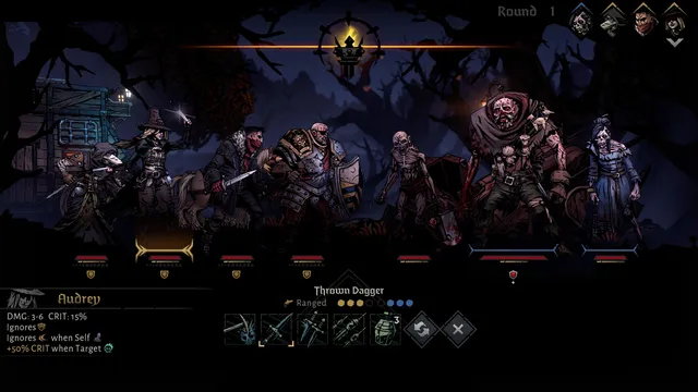 Darkest Dungeon II screenshot: four heroes line up against hollow-eyed ghouls and a masked brute in a dark forest, with turn-based combat skills below