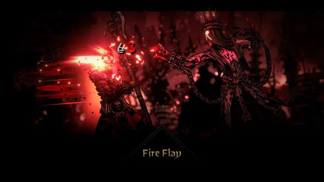 Darkest Dungeon II screenshot: a hero swings a flaming weapon at a chained, horned creature in a blood-red attack scene