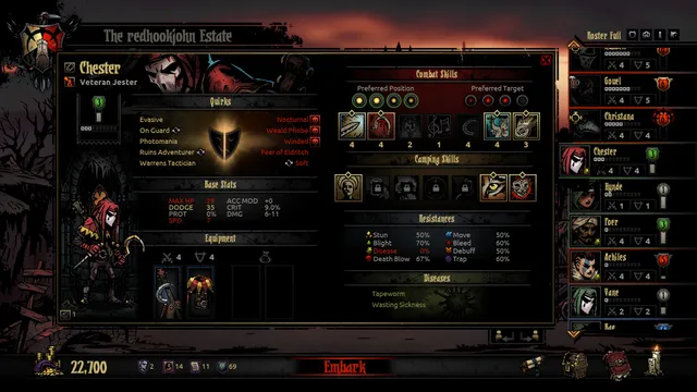 Darkest Dungeon screenshot: the roster screen for a jester hero showing quirks such as Fear of Eldritch, skills and diseases