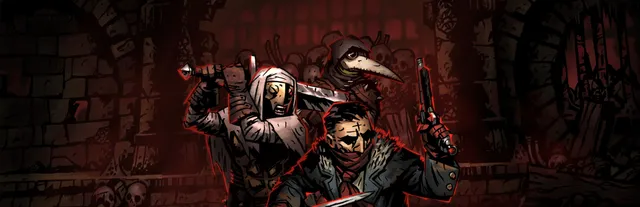 Darkest Dungeon key art: a crusader with a sword, a plague doctor and a highwayman with a pistol stand in a red-lit crypt of skulls