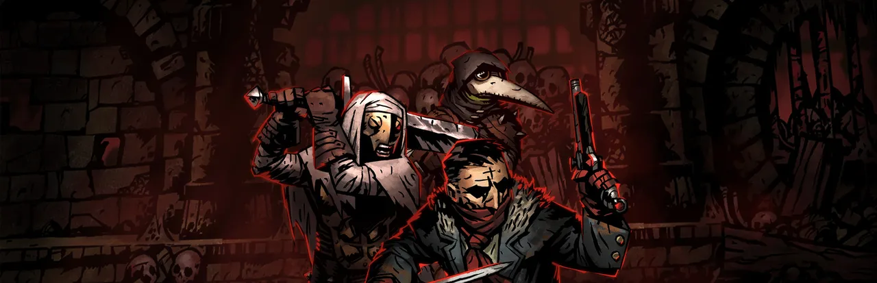 Darkest Dungeon key art: a crusader with a sword, a plague doctor and a highwayman with a pistol stand in a red-lit crypt of skulls