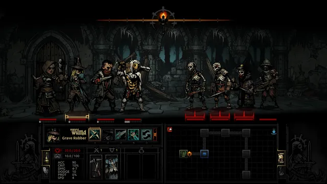 Darkest Dungeon screenshot: four heroes face skeleton soldiers in a ruined gothic hall, with the party's skills and dungeon map below