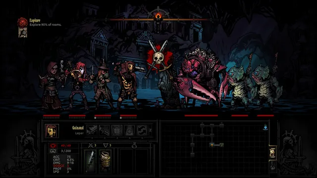 Darkest Dungeon screenshot: four heroes face a giant red crab creature and two fishmen with spears in a dark cove