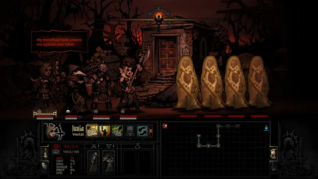 Darkest Dungeon screenshot: a party fights four shrouded corpses outside a crypt door, a hero shouting about mortified flesh