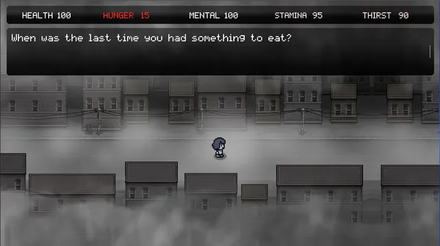 A small figure stands in a grey, fog-covered town of rooftops, with survival meters along the top and the question When was the last time you had something to eat?