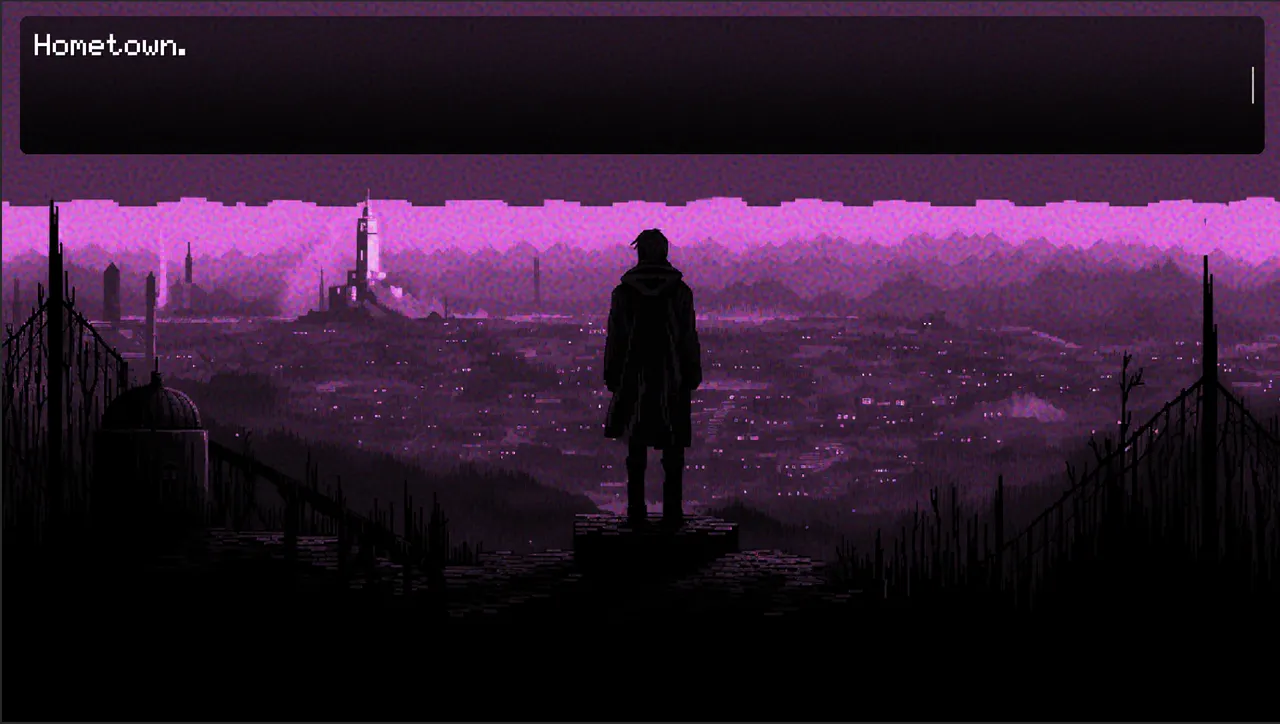 A figure in a long coat looks down from a hill over a purple pixel-art town, captioned Hometown