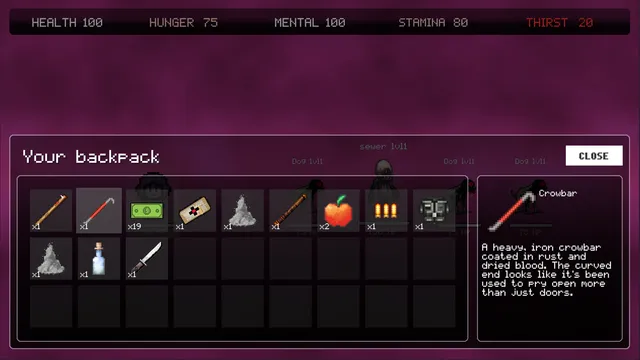 The backpack screen holding a crowbar coated in rust and dried blood, money, bandages, an apple and other supplies