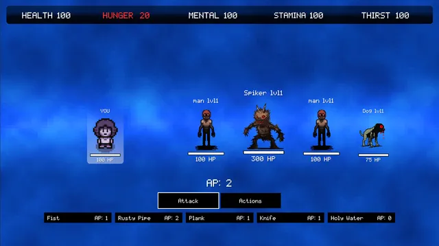 A turn-based battle: the player faces two men, a spiked creature called Spiker and a dog, with weapons like a rusty pipe and a knife listed below