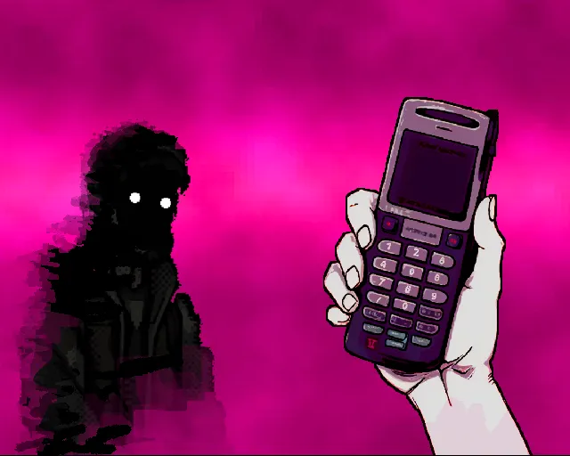 DARKLINE cover: a hand holds an old mobile phone against a pink haze while a dark, smudged figure with white eyes stands beside it