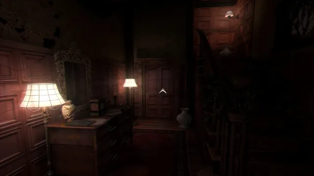 A dim wood-panelled hallway lit by two lamps, a door at the end and a staircase to the right