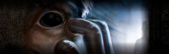 Darkness Within key art: a close-up of a terrified face with a huge dark eye and a hand pressed against it, a pale figure in a doorway behind
