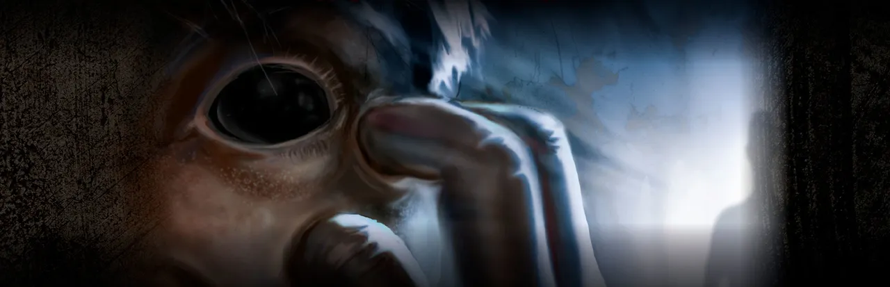 Darkness Within key art: a close-up of a terrified face with a huge dark eye and a hand pressed against it, a pale figure in a doorway behind