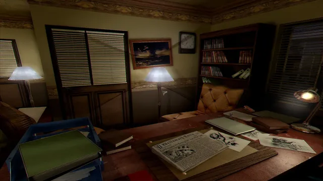 A detective's office with a desk covered in newspapers, drawings and folders, lamps glowing by the window blinds