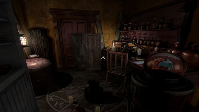 A cluttered occult room with shelves of jars and a pentagram drawn on the floor among candles