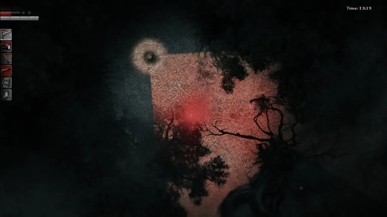 Darkwood screenshot: a top-down view of the dark forest, a cone of torchlight and a red glow cutting through tangled trees