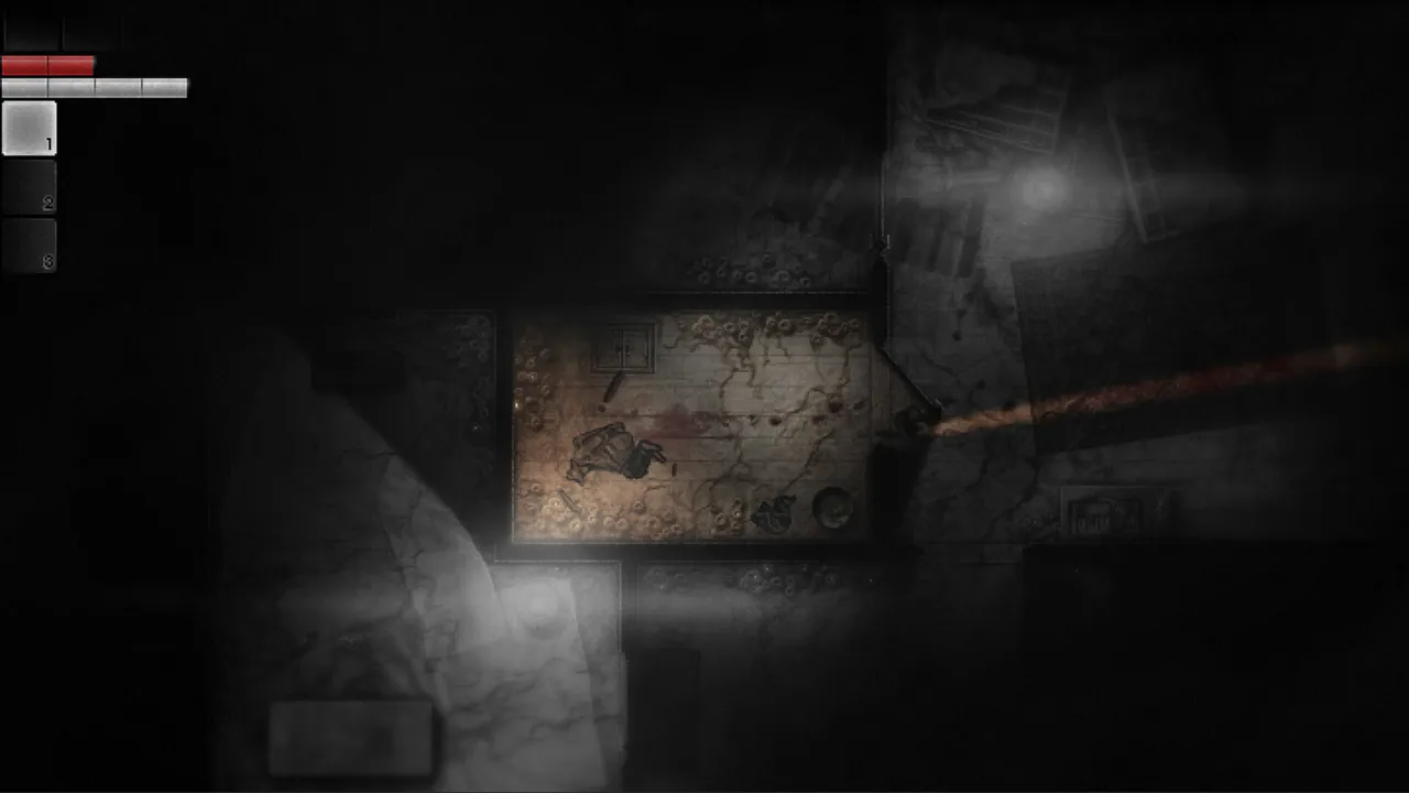 Darkwood screenshot: a dark interior seen from above with a map spread on a table under a beam of light