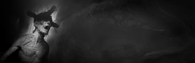 Darkwood art: a pale, emaciated figure crowned with twisted branches stands open-mouthed in grey darkness