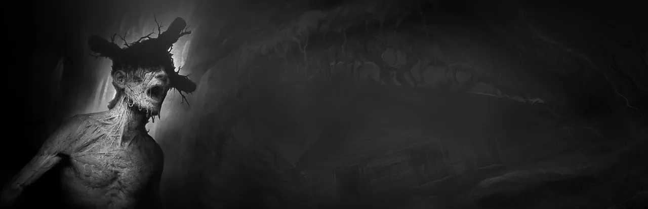 Darkwood art: a pale, emaciated figure crowned with twisted branches stands open-mouthed in grey darkness