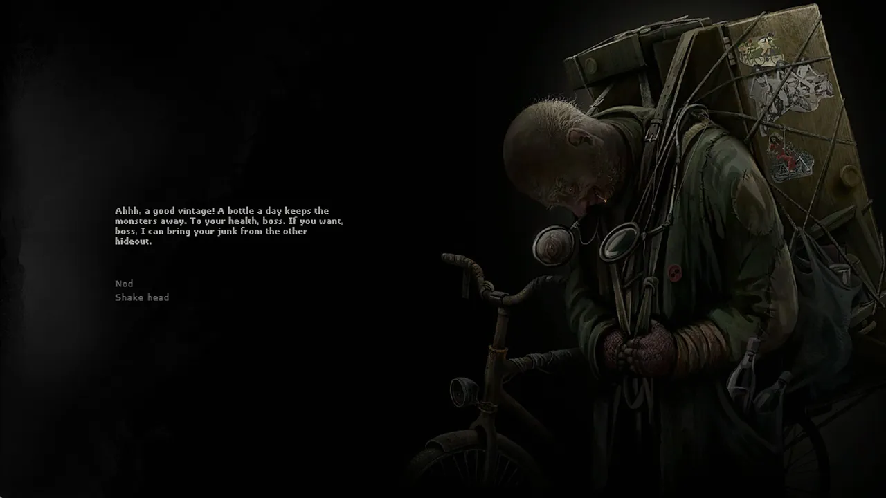 Darkwood screenshot: a dialogue with a hunched trader in a gas mask carrying a huge pack beside a bicycle