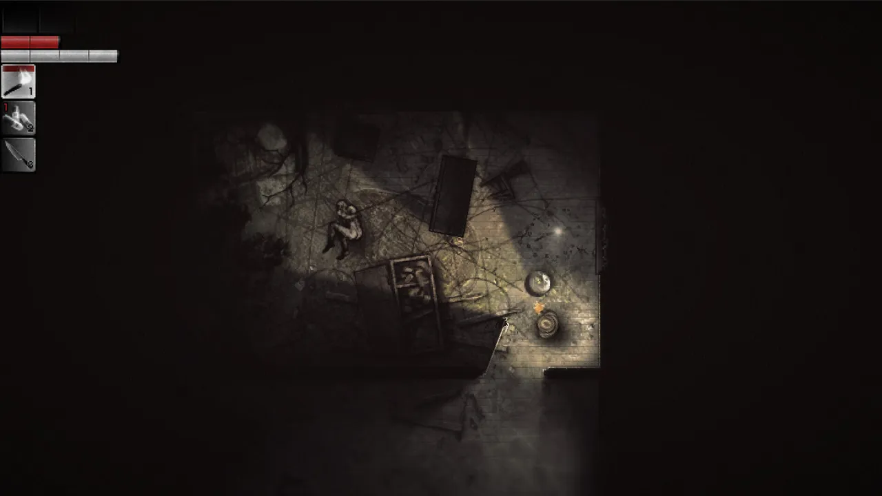 Darkwood screenshot: from above, a figure crouches in a dim, cluttered room lit only by the player's field of view