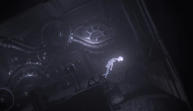 DARQ screenshot: Lloyd walking along a slanted wall beside huge gears and machinery