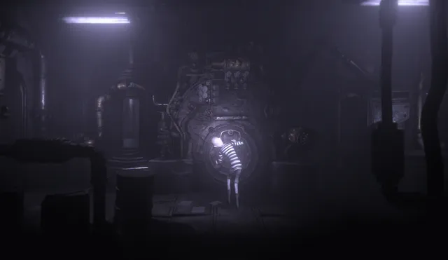 DARQ screenshot: Lloyd peers into a round porthole of a large machine in a foggy room