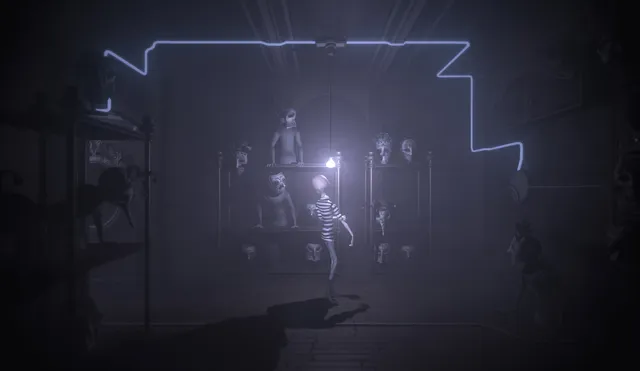 DARQ screenshot: Lloyd under a hanging bulb before shelves of strange heads and dolls, a lit wire running across the wall