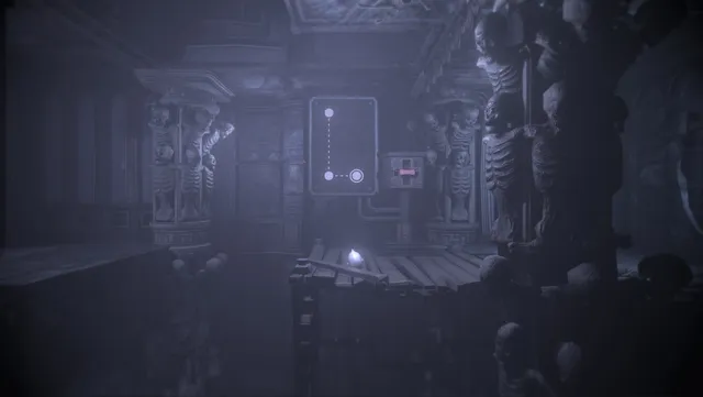 DARQ screenshot: a dim hall of carved skeletons and bones with a glowing puzzle panel on the wall