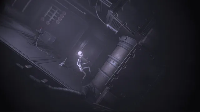 DARQ screenshot: Lloyd, a pale boy in a striped shirt, crosses a tilted room of pipes and machines as gravity turns