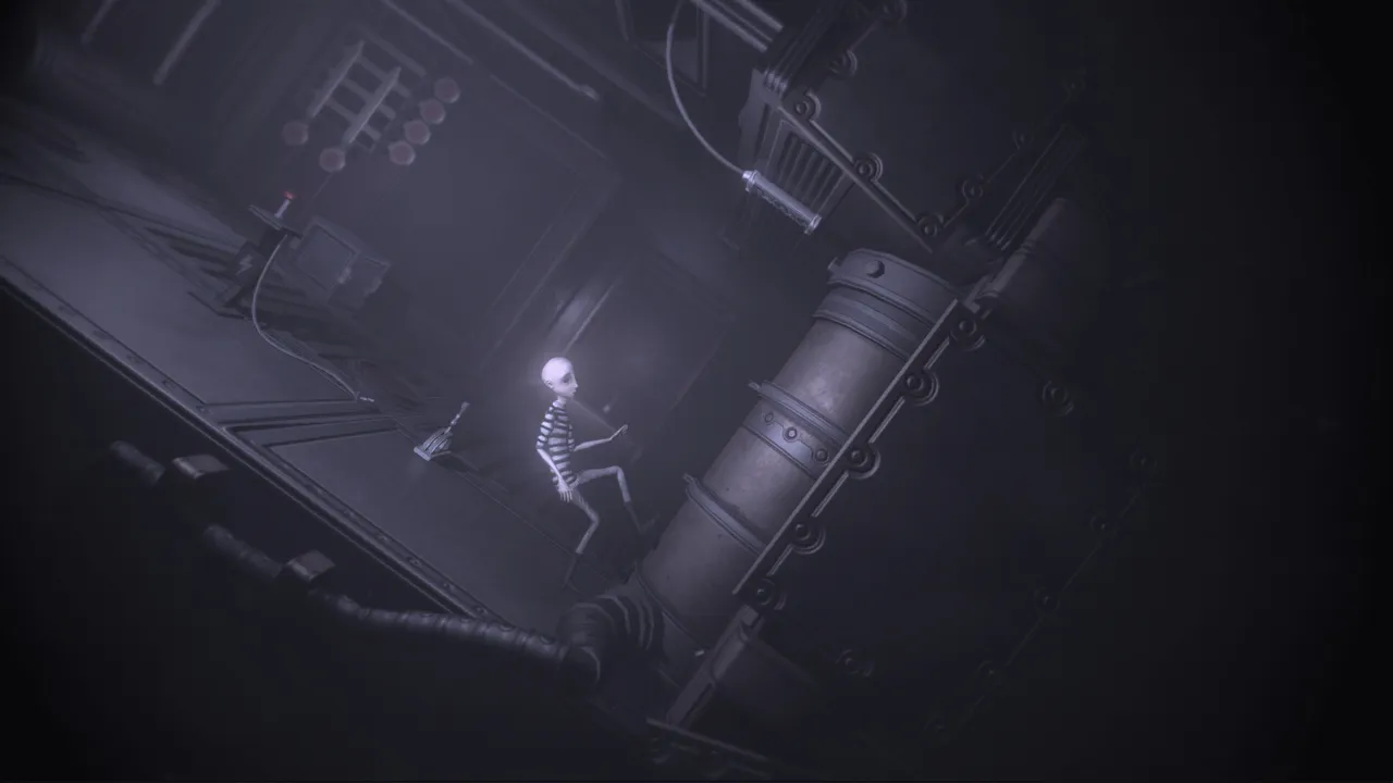 DARQ screenshot: Lloyd, a pale boy in a striped shirt, crosses a tilted room of pipes and machines as gravity turns