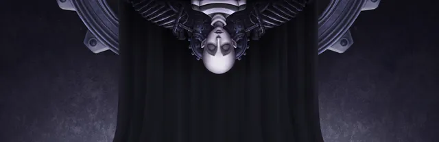 DARQ key art: a pale, upside-down face with closed eyes inside an ornate mechanical frame