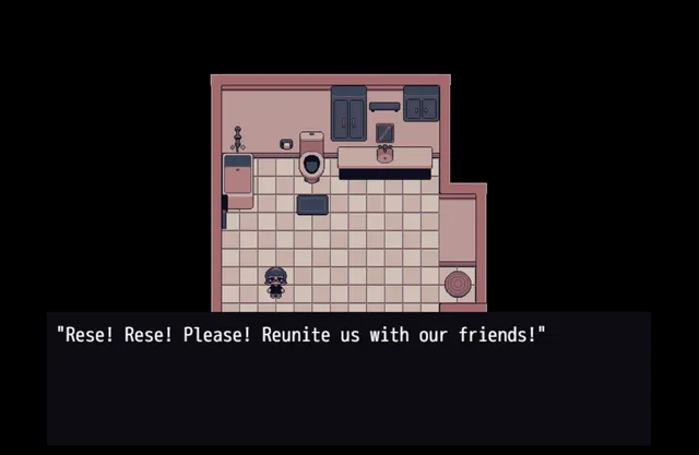 Day In screenshot: Rese alone in a pixel-art bathroom as a voice pleads 'Rese! Please! Reunite us with our friends!'