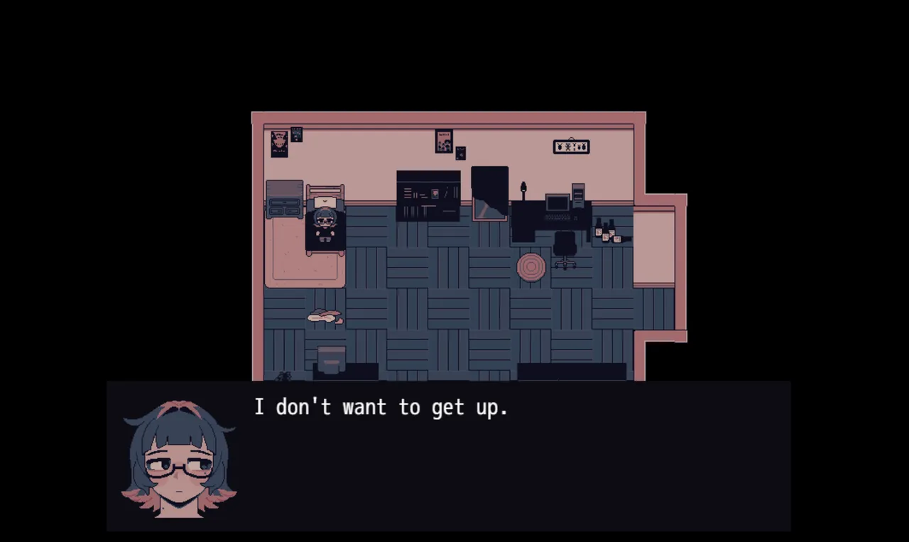 Day In screenshot: a top-down pixel-art bedroom with Rese lying in bed and the line 'I don't want to get up.' beside her portrait