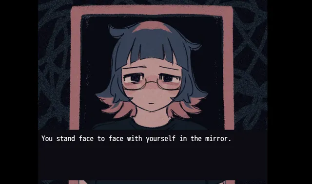 Day In screenshot: a drawn close-up of Rese staring blankly at herself in a mirror